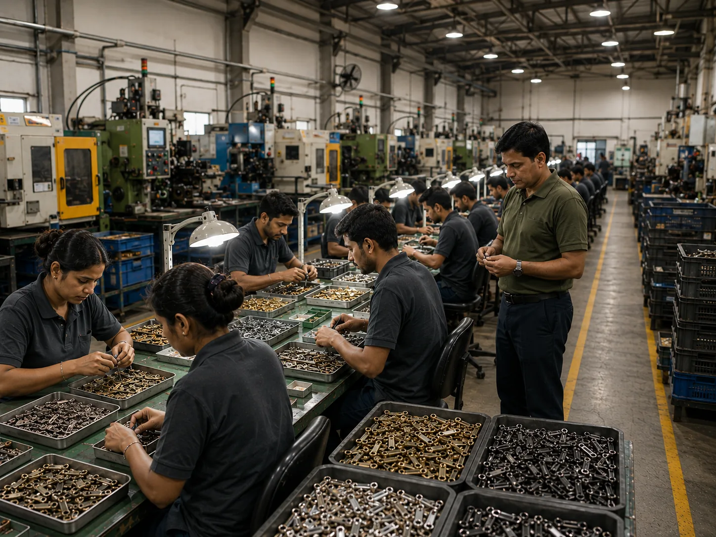 IA Fastners production floor with workers, supervisor, machinery and zipper component trays
