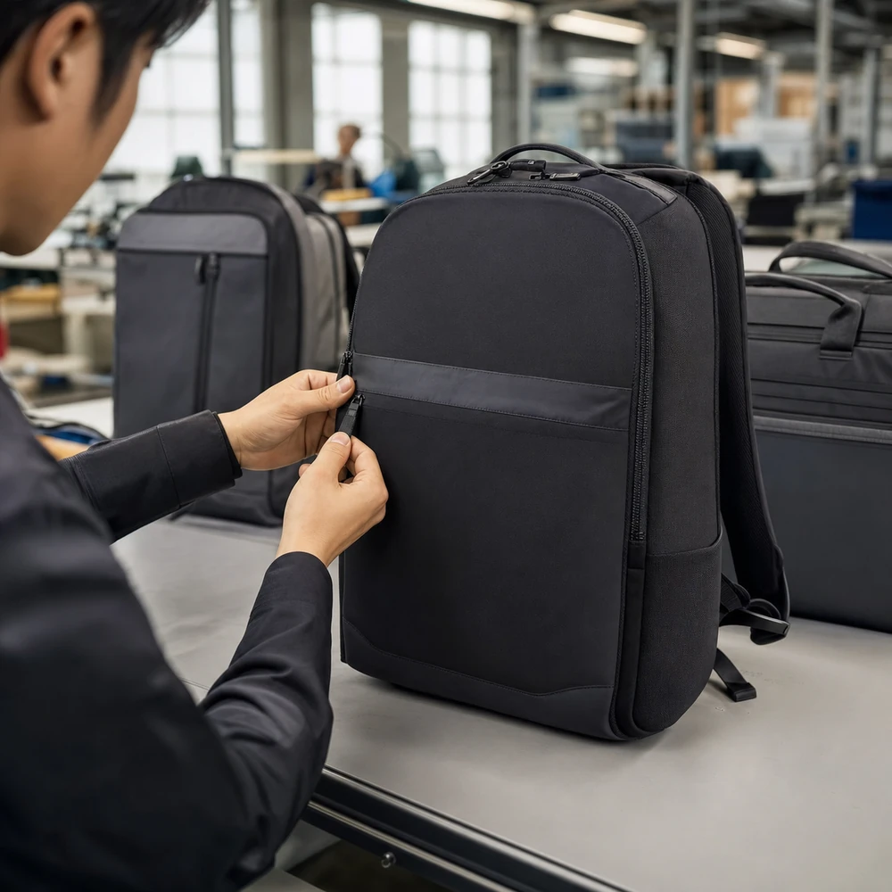 Finished graphite backpacks and business bags undergoing zipper inspection