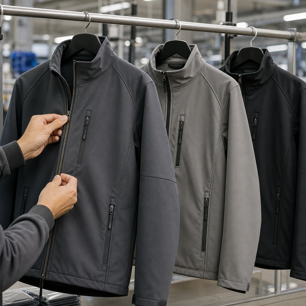 Finished graphite jackets undergoing zipper inspection on a garment production line