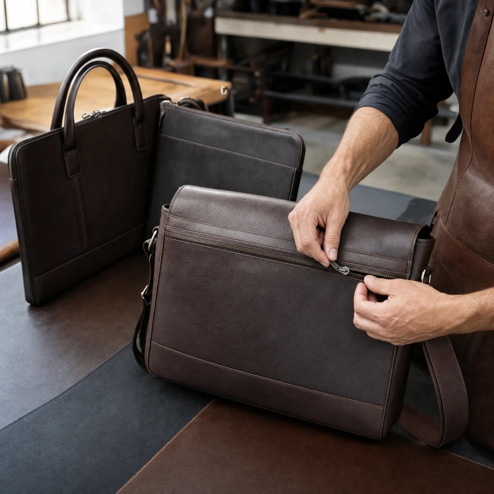Finished leather messenger bags and briefcases undergoing zipper inspection
