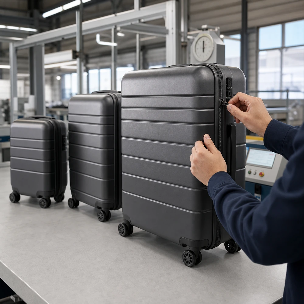 Finished hard-shell trolley luggage undergoing perimeter zipper inspection