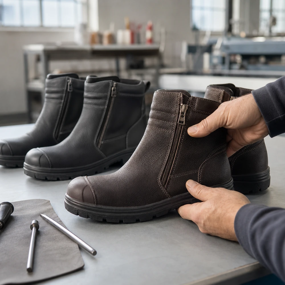 Finished industrial safety boots undergoing side zipper and construction inspection
