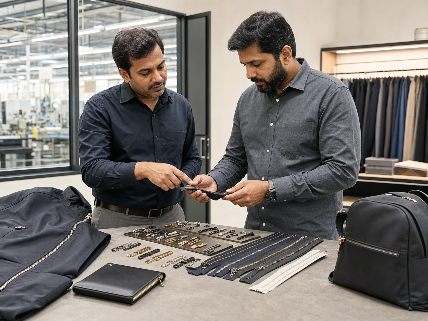 An IA Fastners representative and a B2B customer reviewing zipper sliders, zipper samples, a jacket and a backpack in a manufacturing sample room