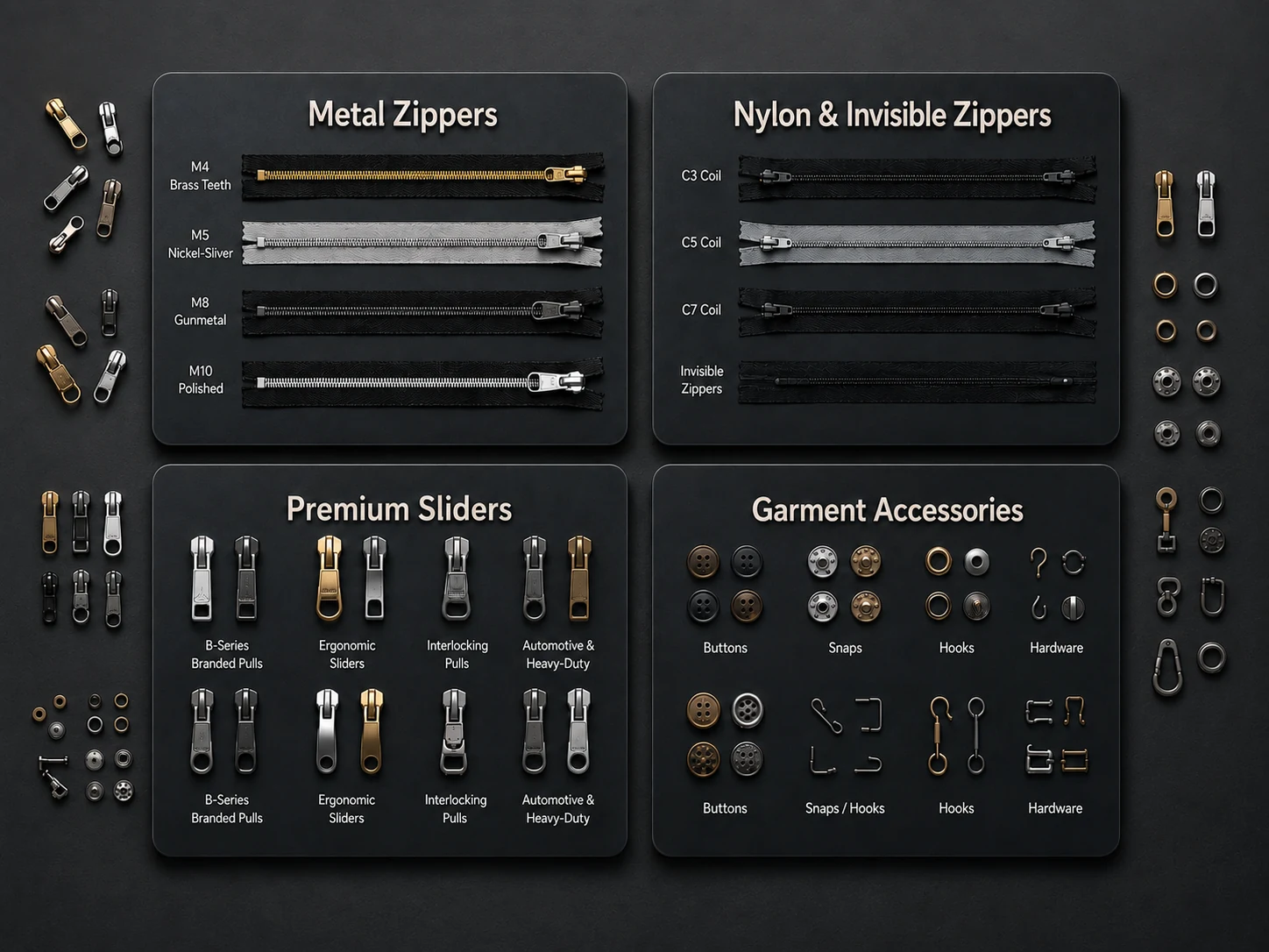 IA Fastners zipper sliders, zippers and garment accessories product showcase