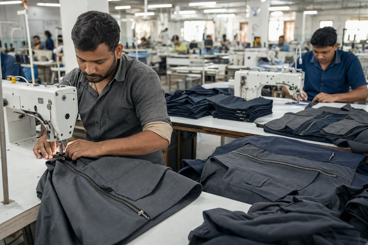 Garment workers sewing and finishing graphite apparel with integrated zipper applications