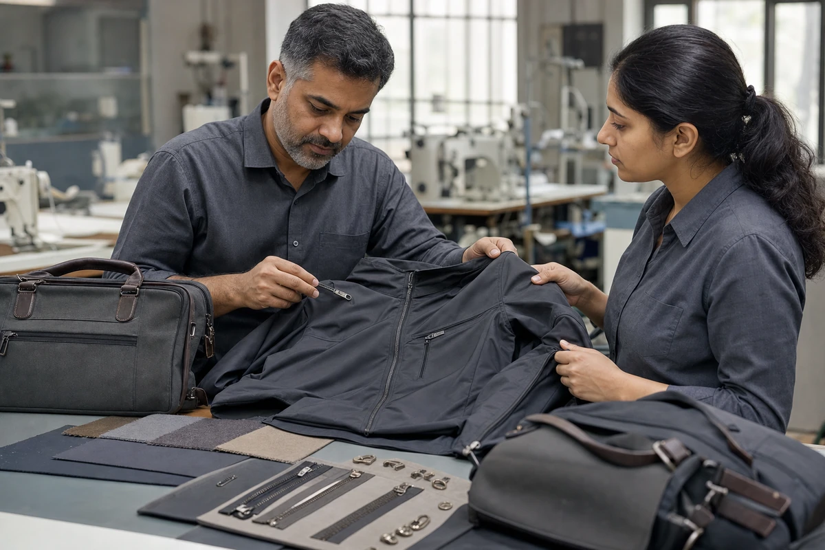 Manufacturing specialists reviewing custom garment and bag prototypes with fastening samples