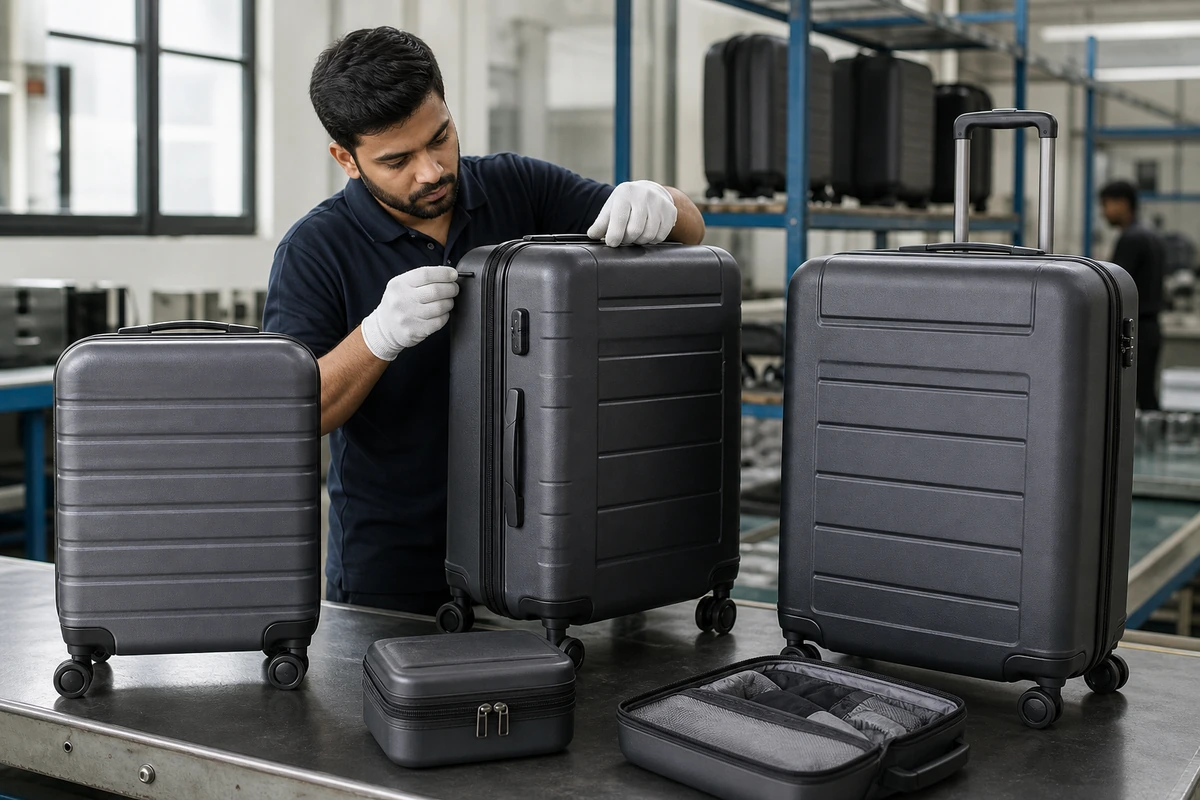 Hard-shell trolley luggage in multiple sizes undergoing manufacturing inspection