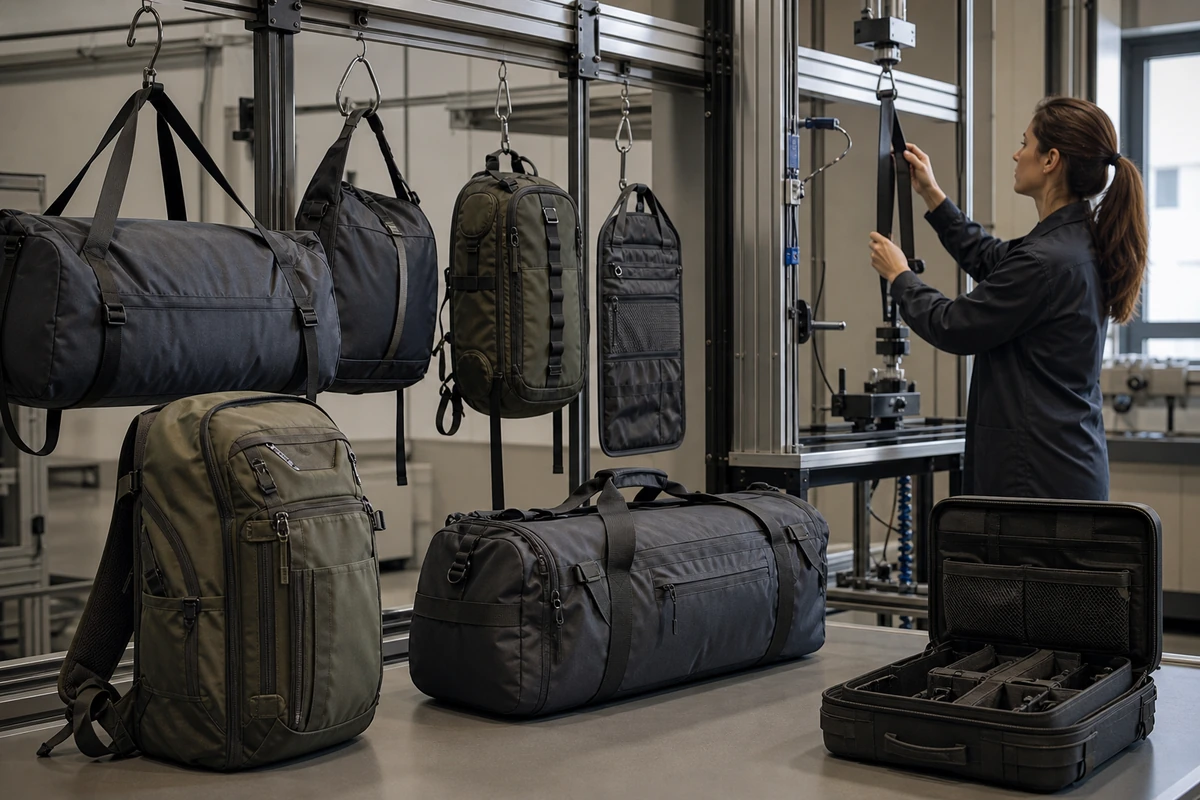 Sports bags and outdoor equipment cases undergoing zipper quality inspection