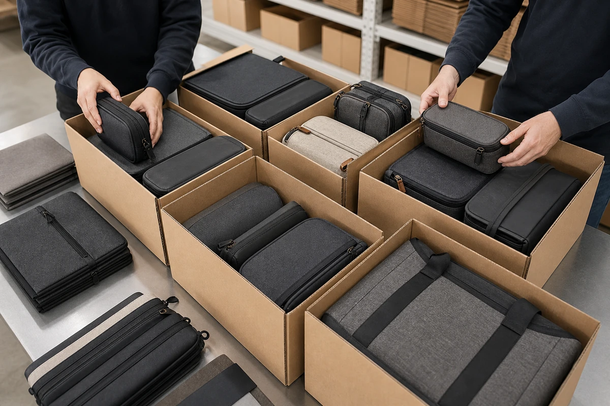 Unbranded corporate kits and promotional organisers undergoing final manufacturing inspection