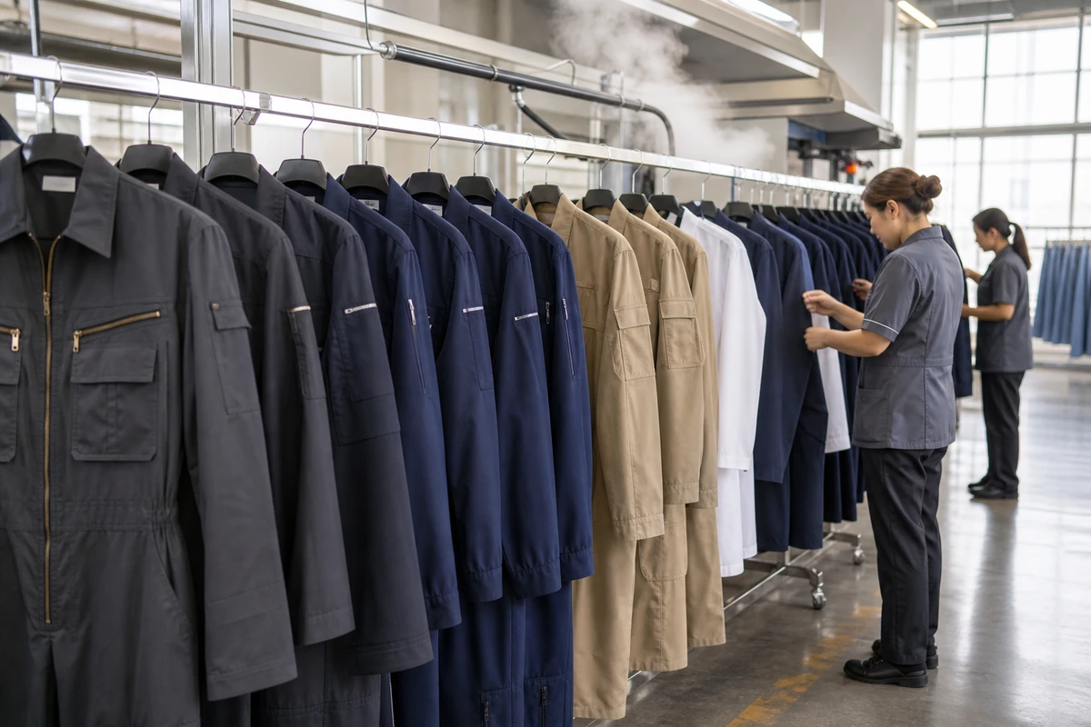 Industrial, institutional and healthcare uniforms undergoing production inspection