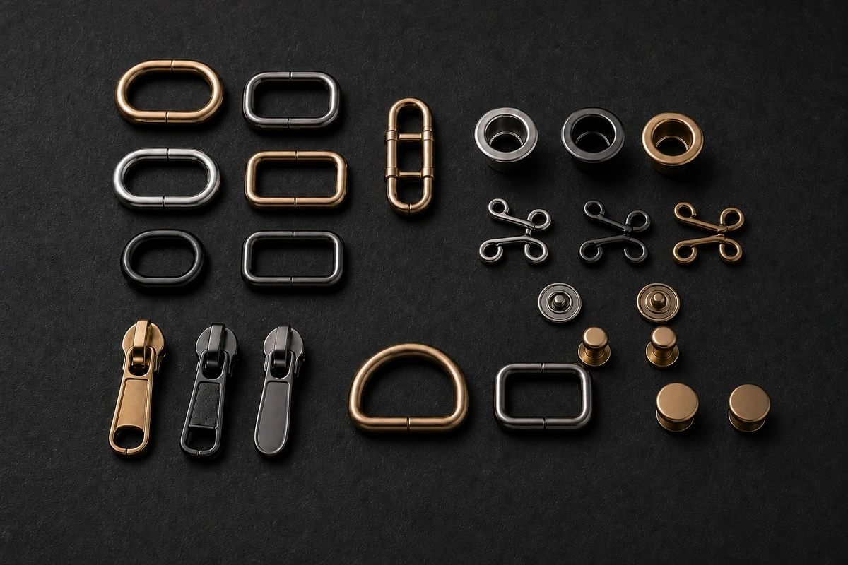 Garment hardware including eyelets, rivets and hooks