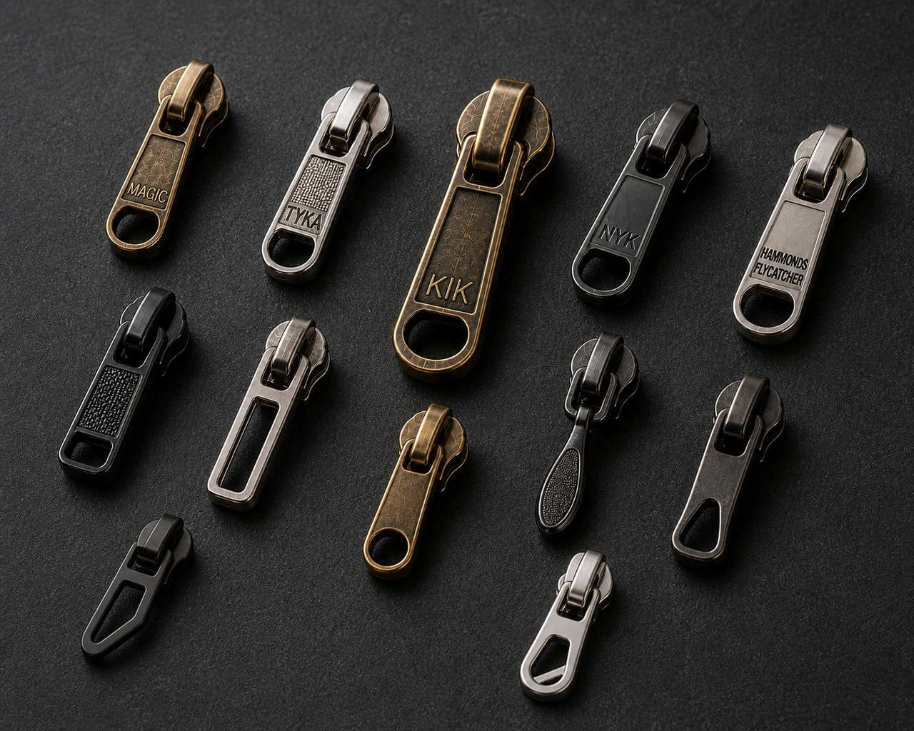 Representative zipper slider styles and finish references arranged for product review